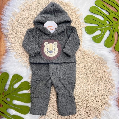 Macacão de Pelinho Sherpa Leão com Capuz - Grafite